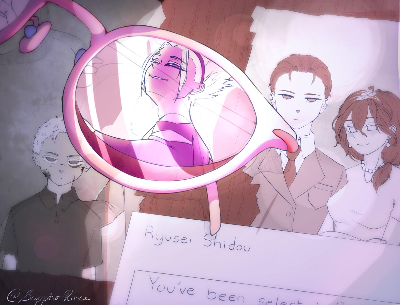 Four characters in flat color with 3 half-body and 1 shoulder-up ($65) + complex perspective on glasses reflection ($10) + glasses item ($5) + additional lighting/difficult compositing ($10) = $90