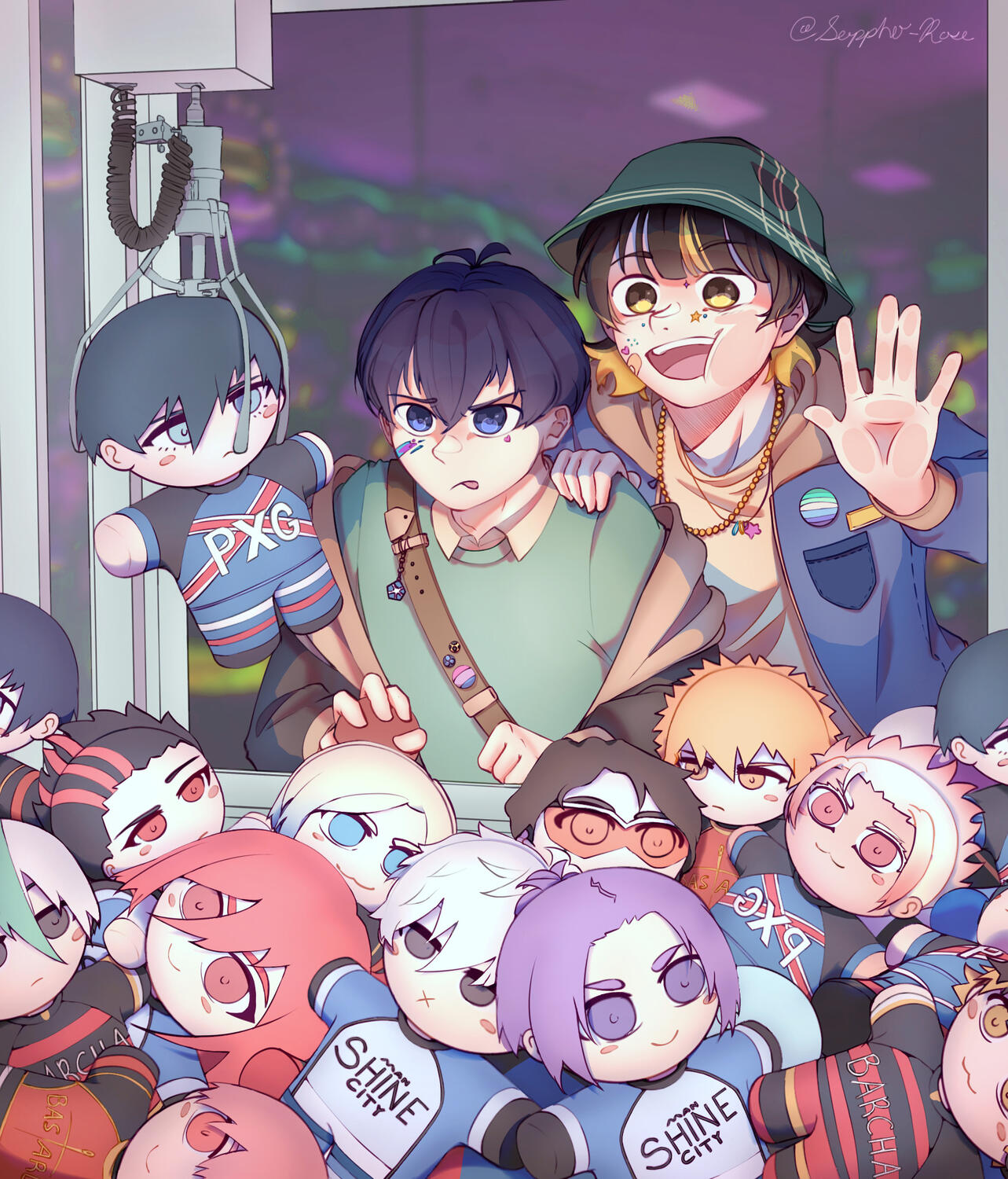 Two half-body characters in full render ($80) + crane machine ($15) + 12 fully rendered plushies ($80) + posterized arcade image for background (no extra charge) = $175